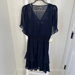 Taylor Ruffle Dress with Smocked Waist Navy Blue Size 14